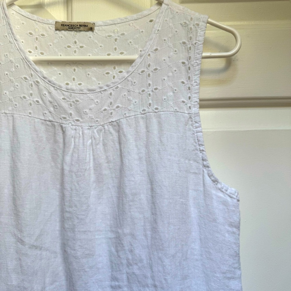 FRANCESCA BETTINI Linen Ruffle Eyelet Sleeveless Top White womens size Small - Picture 3 of 16
